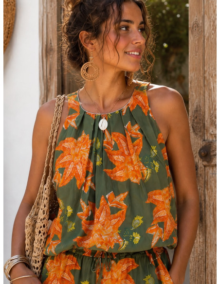 Conjunto de Pantalón Bombacho y Blusa de Algodón Estampado Floral