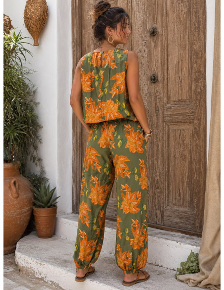 Conjunto de Pantalón Bombacho y Blusa de Algodón Estampado Floral
