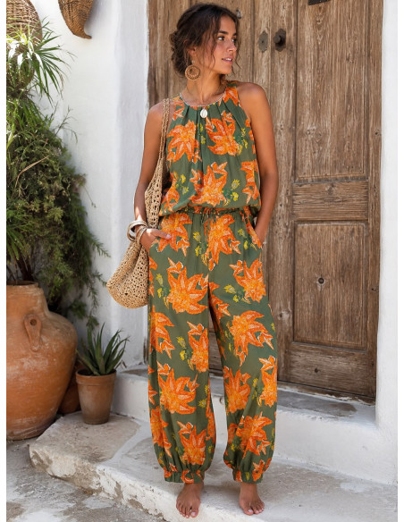 Conjunto de Pantalón Bombacho y Blusa de Algodón Estampado Floral