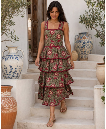 Vestido de Tirantes Estampado Floral Verde con Volantes