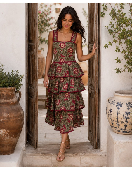 Vestido de Tirantes Estampado Floral Verde con Volantes