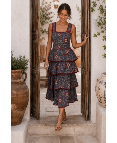 Vestido de Tirantes Estampado Floral azul plomo con Volantes
