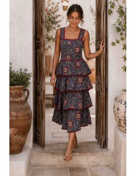 Vestido de Tirantes Estampado Floral azul plomo con Volantes