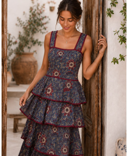 Vestido de Tirantes Estampado Floral azul plomo con Volantes 2
