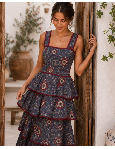 Vestido de Tirantes Estampado Floral azul plomo con Volantes