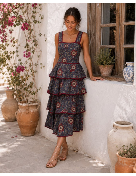 Vestido de Tirantes Estampado Floral azul plomo con Volantes