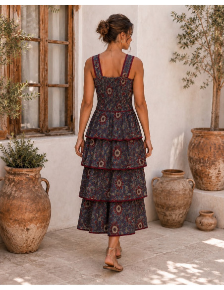Vestido de Tirantes Estampado Floral azul plomo con Volantes
