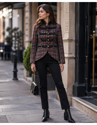 Chaqueta de Cuadros con Bordado y Botones Dorados