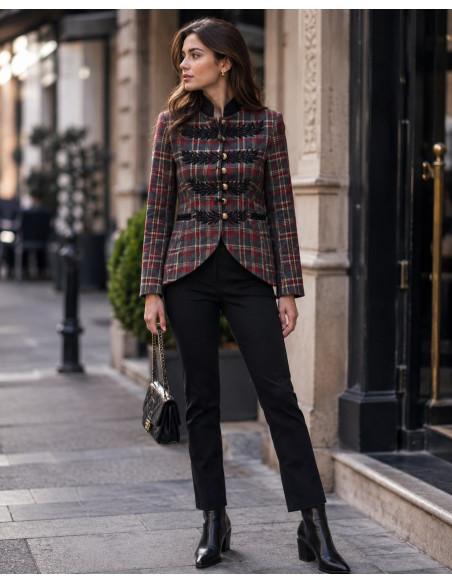 Chaqueta de Cuadros con Bordado y Botones Dorados