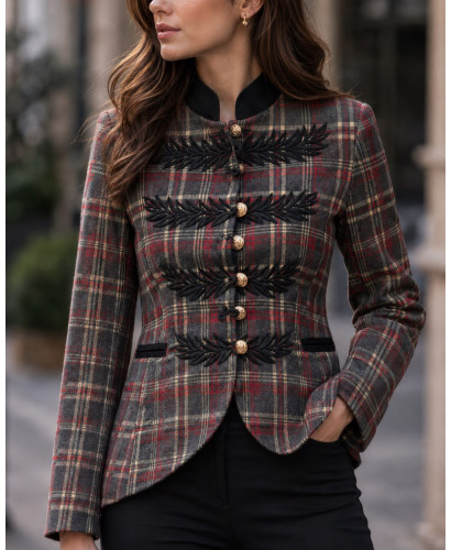 Chaqueta de Cuadros con Bordado y Botones Dorados