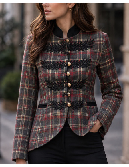 Chaqueta de Cuadros con Bordado y Botones Dorados
