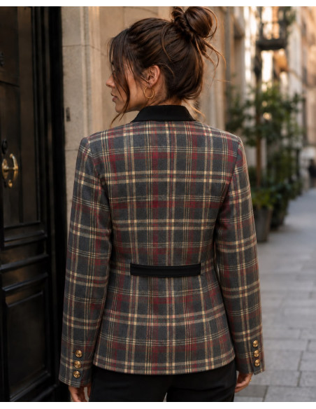 Chaqueta de Cuadros con Bordado y Botones Dorados