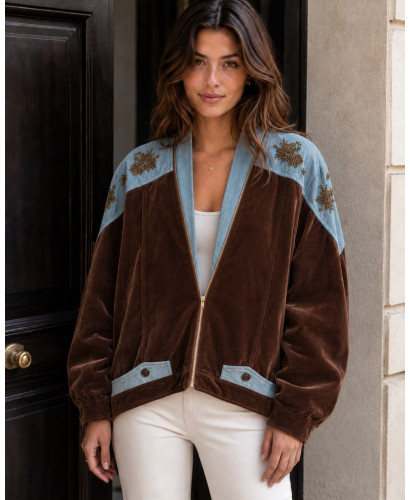Cazadora terciopelo marrón chocolate combinada con denim... 2