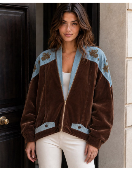 Cazadora terciopelo marrón chocolate combinada con denim y bordados
