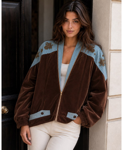 Cazadora terciopelo marrón chocolate combinada con denim...