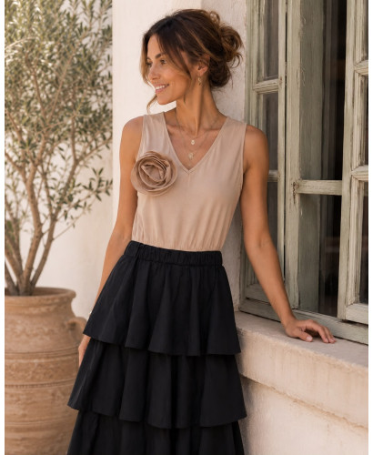 Vestido Combinado Crudo y Negro con Volantes 2