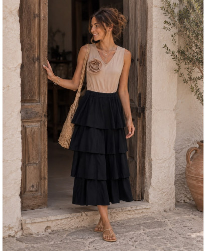 Vestido Combinado Crudo y Negro con Volantes