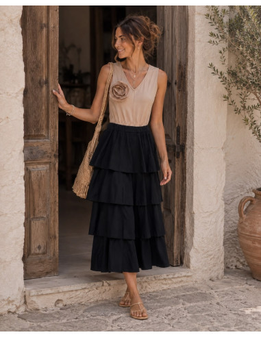 Vestido Combinado Crudo y Negro con Volantes