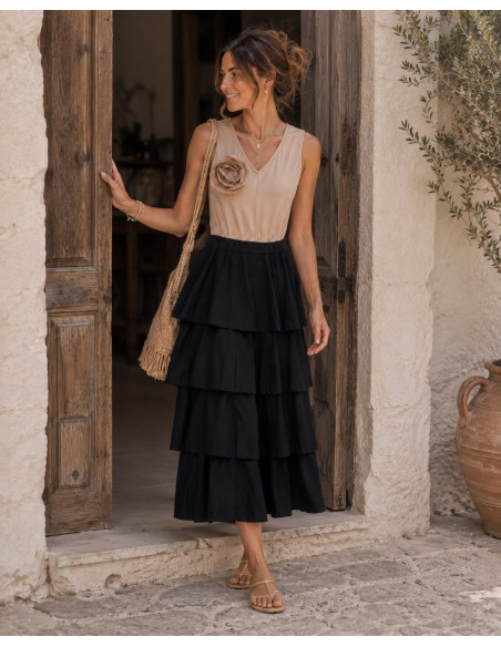 Vestido Combinado Crudo y Negro con Volantes
