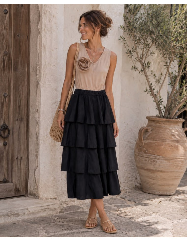 Vestido Combinado Crudo y Negro con Volantes