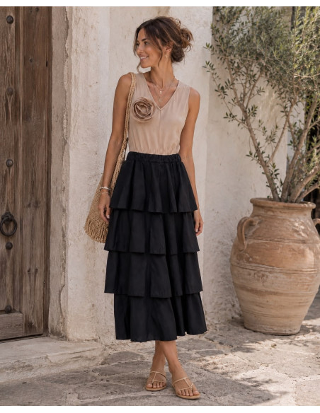 Vestido Combinado Crudo y Negro con Volantes