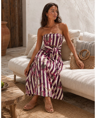 Vestido Palabra de Honor franjas granate y crudo  con...