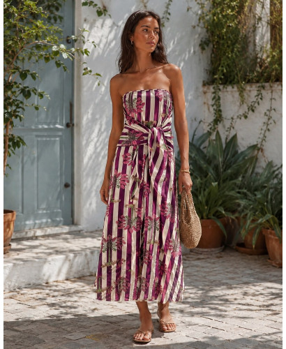Vestido Palabra de Honor franjas granate y crudo  con... 2