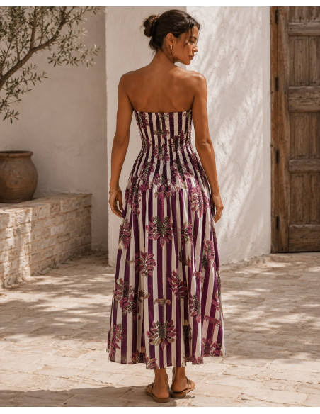 Vestido Palabra de Honor franjas granate y crudo  con Lazada Frontal