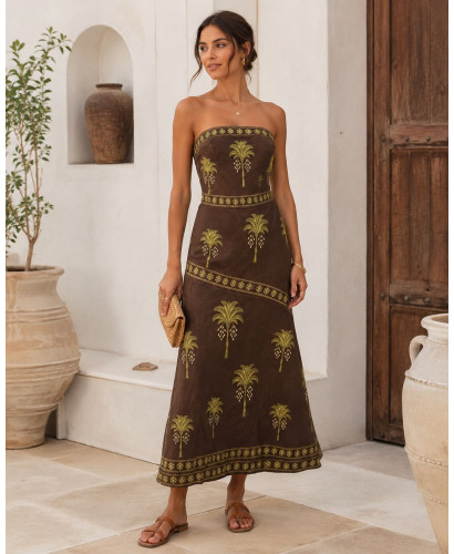 Vestido Palabra de Honor chocolate con palmeras verdes