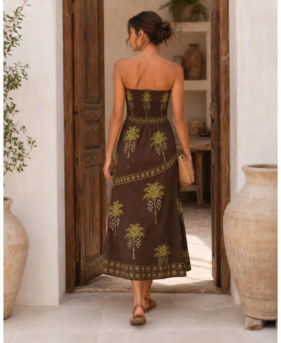 Vestido Palabra de Honor chocolate con palmeras verdes 2