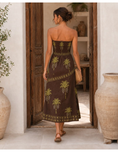 Vestido Palabra de Honor chocolate con palmeras...