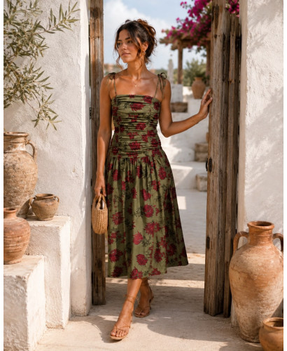 Vestido Verde Drapeado con Estampado Granate y Nido de Abeja