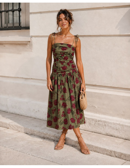 Vestido Verde Drapeado con Estampado Granate y Nido de Abeja