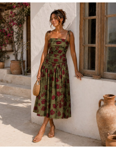 Vestido Verde Drapeado con Estampado Granate y...