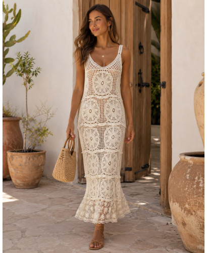 Vestido de Crochet Crudo con Volante de Tul