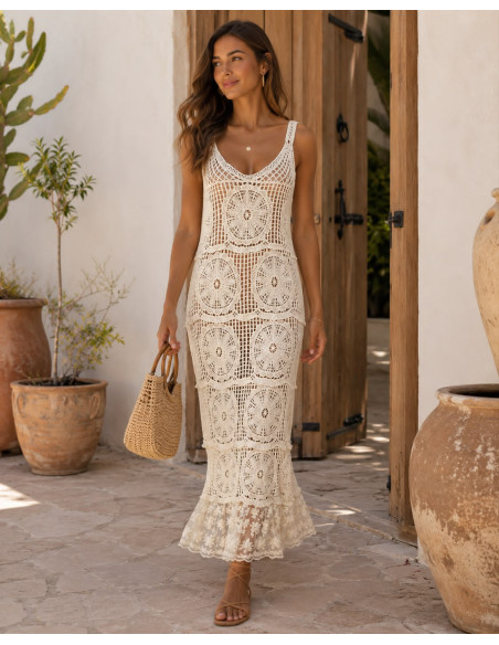 Vestido de Crochet Crudo con Volante de Tul