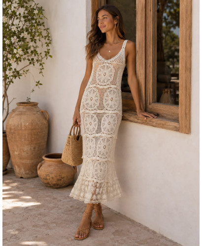 Vestido de Crochet Crudo con Volante de Tul 2