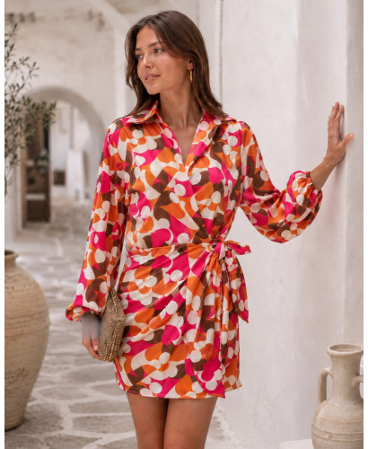Vestido cruzado estampado retro en tonos marrón y rosa