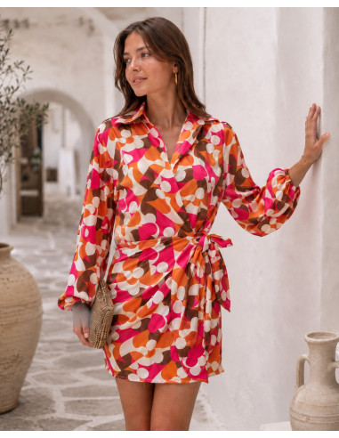 Vestido cruzado estampado retro en tonos marrón...