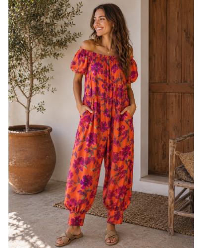 Mono Naranja Floral con Pantalón Bombacho y Bolsillos