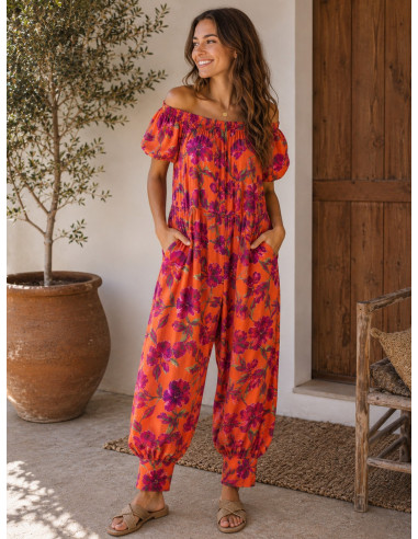 Mono Naranja Floral con Pantalón Bombacho y...