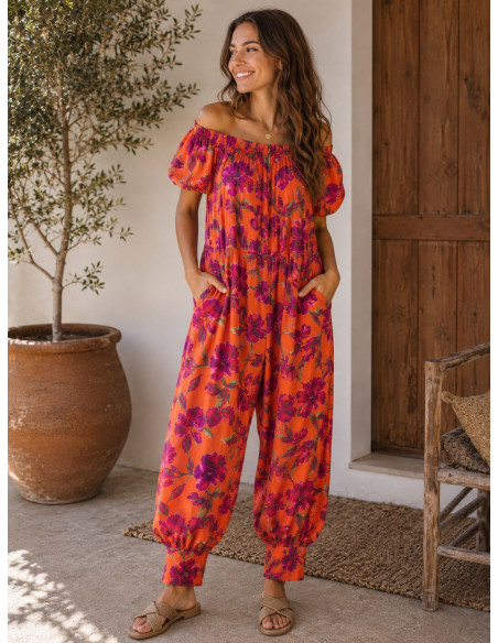Mono Naranja Floral con Pantalón Bombacho y Bolsillos