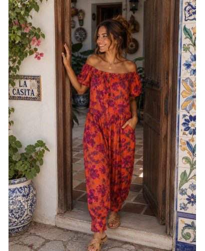 Mono Naranja Floral con Pantalón Bombacho y Bolsillos 2