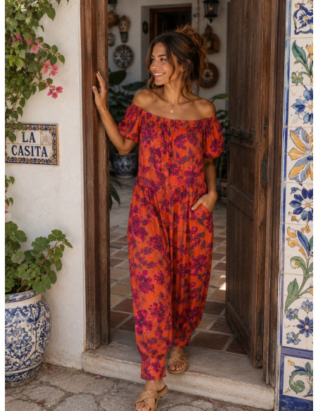Mono Naranja Floral con Pantalón Bombacho y Bolsillos