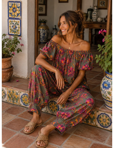 Mono verde Floral con Pantalón Bombacho y...