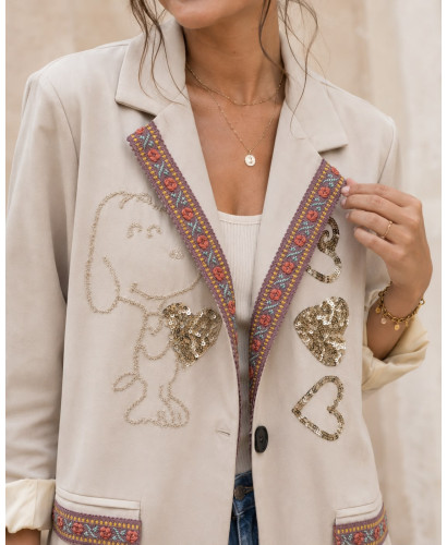 Chaqueta Crudo con Bordado de Snoopy y pasamanería 2