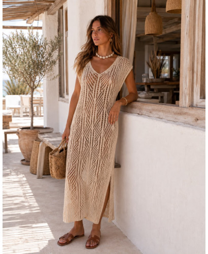 Vestido Largo de Punto crudo con Doble Abertura