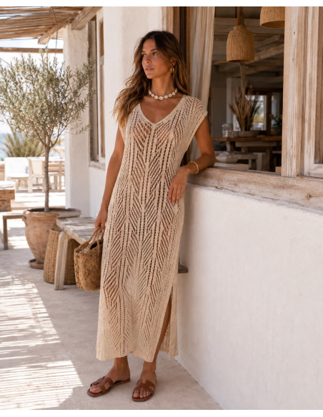 Vestido Largo de Punto crudo con Doble Abertura