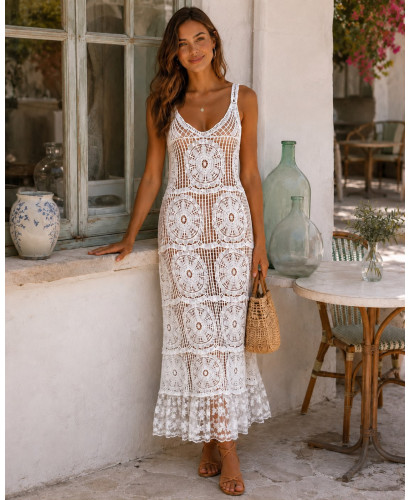 Vestido de Crochet blanco con Volante de Tul