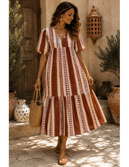 Vestido Largo Estampado con  Motivo de Piñas tonos rosas